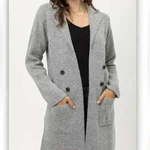 Knitted open front gray cardigan side pockets, buttons details Medium